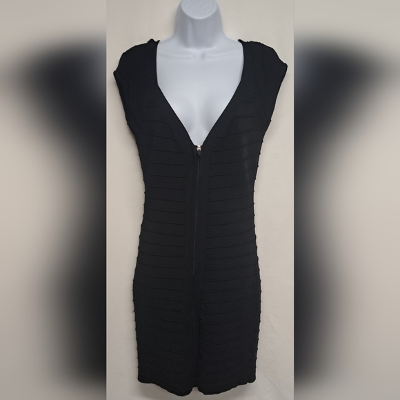 Say What ? M Black Slinky Stretch Knit Dress Ribbed Full Zip Down Cap Sleeve - Picture 1 of 4